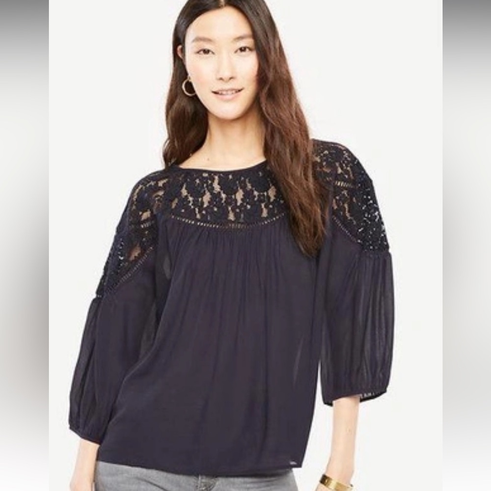 Ann Taylor Lacy Flounce Blouse in Night Sky - Size M